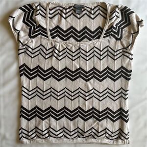 Ann Taylor White & Brown Chevron Square Neck Short‎ Sleeve Sweater Sz PL Twee
